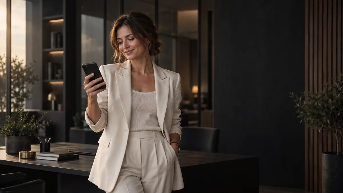 A woman looking at her phone in a modern office